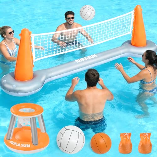 AURASUN Inflatable Pool Volleyball Net Floating Swimming Pool Set with Basketball Hoop Summer Pool Game Toy for Kids and Adults Float Water Volleyball Court