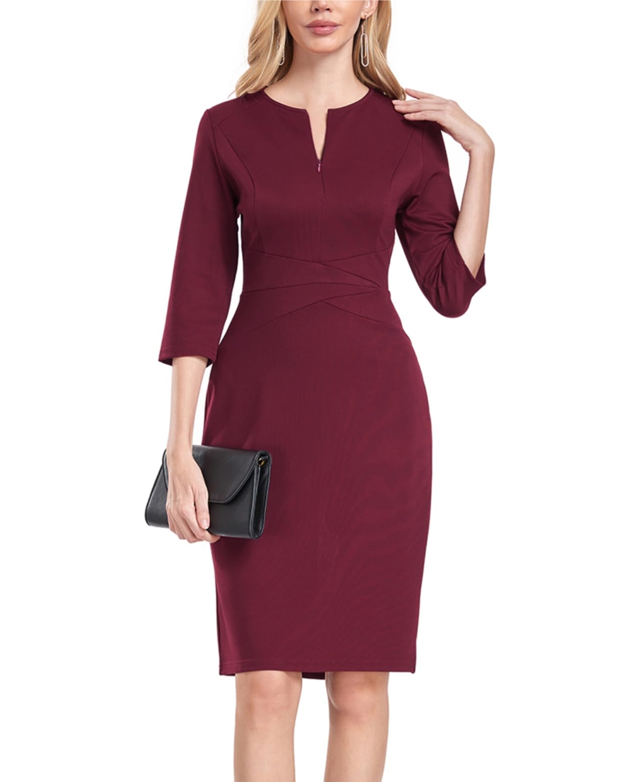 MINTLIMIT Womens Front Zipper Round Neck 3 4 Sleeve Sheath Pencil Cocktail Party Work Dresses