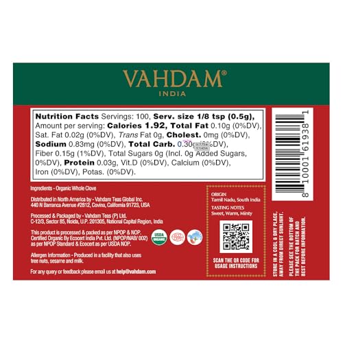 Image of VAHDAM, Organic Clove Whole (1.7oz /50g) Handpicked Whole Cloves, Gluten Free, Non GMO, 100% Raw | Warm & Flavorful Spice | Great for Cooking, Smoothies, Pomander Balls, Potpourri & Tea