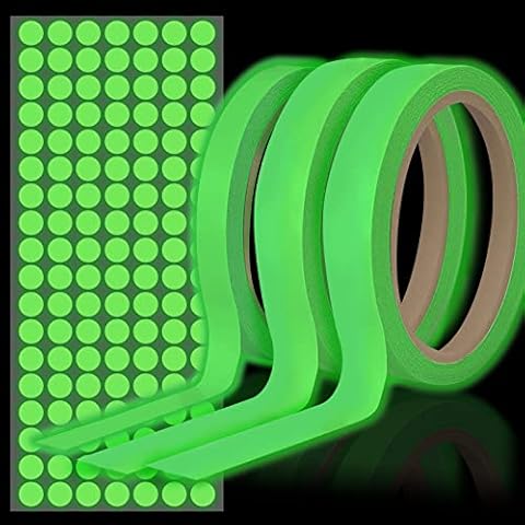 Daily Treasures 3 Rolls Glow in the Dark Tape,15 Meters Fluorescent Tape,Waterproof Self-adhesive Green Light Luminous Tape with Dot Stickers,for Stairs Stage Wall Lamp Decoration Cover