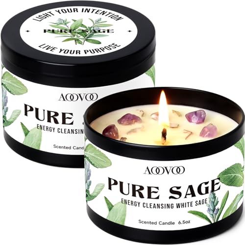 Image of AOOVOO 2 Pack Sage Candles - Cleansing Candle with Crystals & Sage Leaves Inside, 13oz 100 Hours Long Lasting, Non Toxic Candle for Spiritual House Energy Meditation Yoga