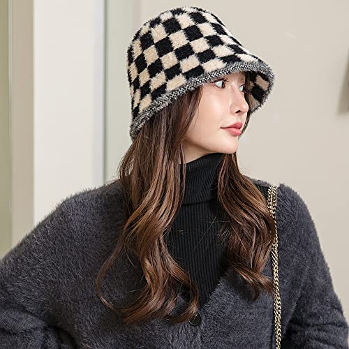 Mifulgoo Casual Checkered Cloche Hat Packable Winter Faux Fur Fleece Bucket Hats Women (Black) #TOP4