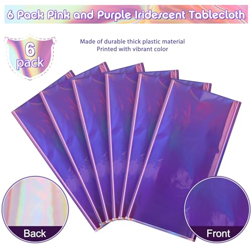 Image of 6 Pack Ombre Iridescent Pink and Purple Plastic Tablecloths, Shiny Disposable Laser Rectangle Table Covers Holographic Foil Tablecloth Iridescent Kpop Birthday Bridal Party Decoration, 54x108 Inch