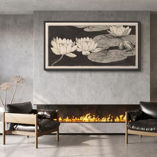 Image of MUDECOR Extra Large Framed Canvas Print Wall Art Vintage Lotus Flower Line Art Botanical Black and Beige Antique Retro Ready to Hang Painting for Living Room Bedroom Multi-Sizes - 60 inchx30 inch