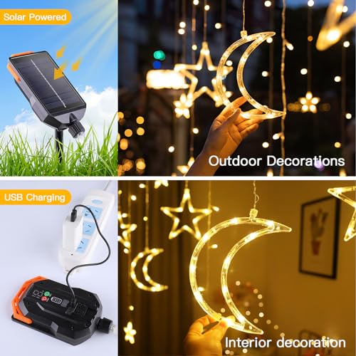 Techip Solar String Lights Outdoor Waterproof With Usb Port & Remote Control Solar Power Star Moons Lights Dimmable 138Led For Patio Porch Garden Balcony Tent Decor thumb #2