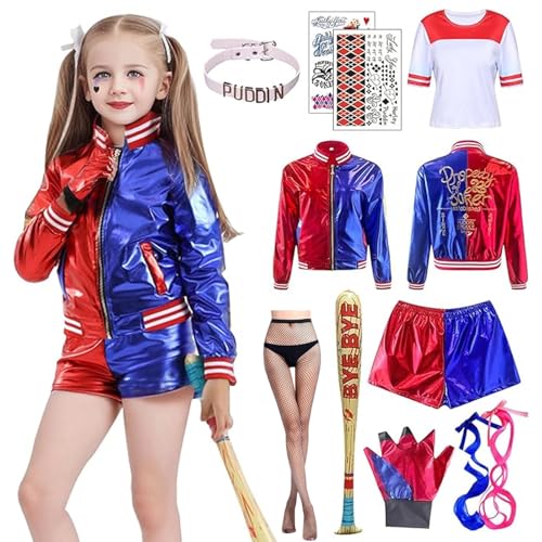 Maryparty Disfraz de Quinn para Niñas Mujer, Disfraz de Cosplay Suicide Squad Halloween Carnaval Camiseta Pantalones Chaqueta y Guante, Guantes, Bate Inflable (Niña, 120)