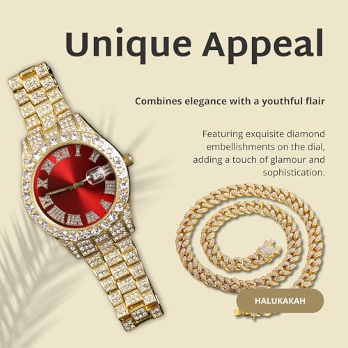 Image of Halukakah Diamonds Gold Watch Iced Out for Boy Teens Kids - 18K Real Gold /Platinum Plated,42mm Blue /Green /Red Dial,Japanese Quartz - 8 inch Length - Optional with Cuban Link Chain,with Watch Adjuster Tool