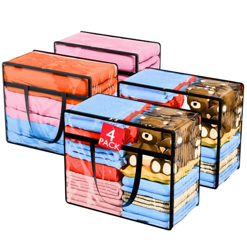 4 Pack Clear Plastic Storage Bags | 40L Foldable Clothing Storage Boxes with Zip & Handles | Plastic Moving Bags & Containers| Stackable Closet Wardrobe Organizer for Bedding, Duvets, Toys & Comforter