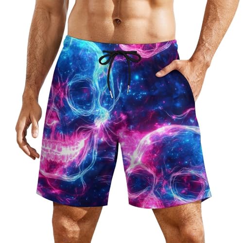 Pantalones cortos de playa para hombre con calaveras de neón y bolsillos