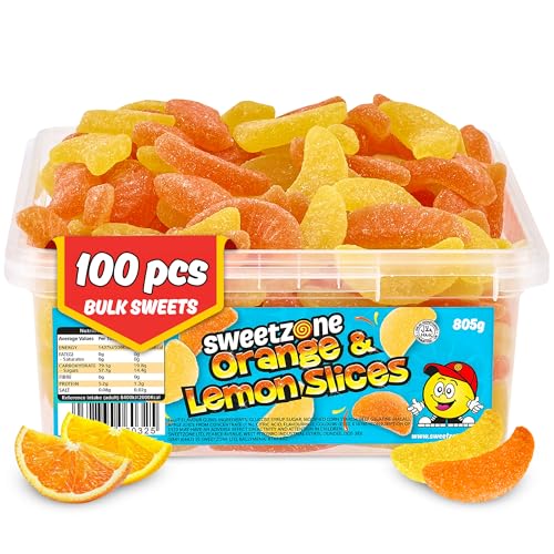 Sweetzone Orange and Lemon Fizzy Gummy Sweets 800g 100pcs Juicy Fruity Gummies Retro Soft Halal Jelly Candy Sweet Tub Bulk Sweets for Kids Pick and Mix Party Sweeties Bulk Gummy Mix