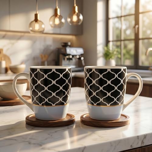 Image of UPC Noir Lattice Mug Set of 2 | Black Pattern Coffee Cups | Ceramic Tea Mugs for Modern Homes