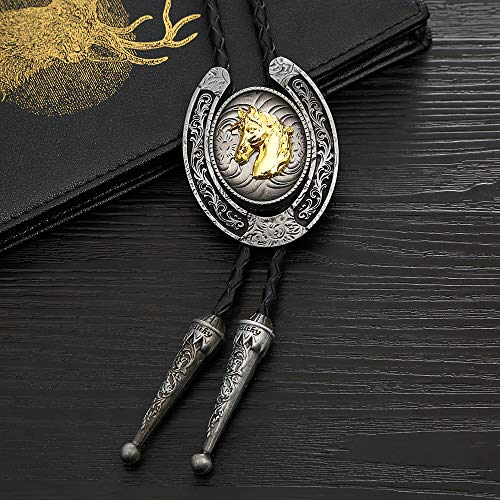 Image of HUABOLA CALYN Bolo Tie for Men- Western Cowboy Native American Golden Horse Bolo Tie