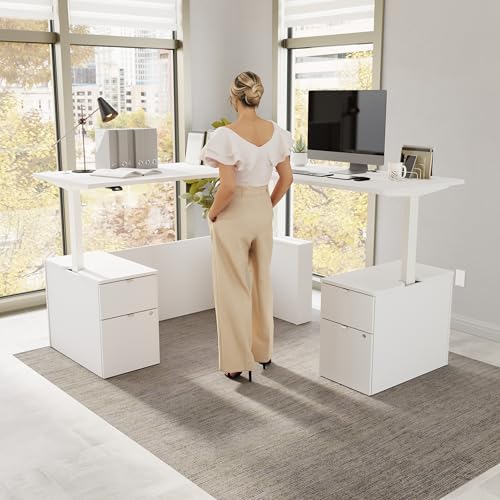 Image of Bush Business Furniture 72-inch Height Adjustable L Shaped Standing Desk with Drawers, Ergonomic Sit-Stand Computer Table for Office, Stratus Collection, White with White Base