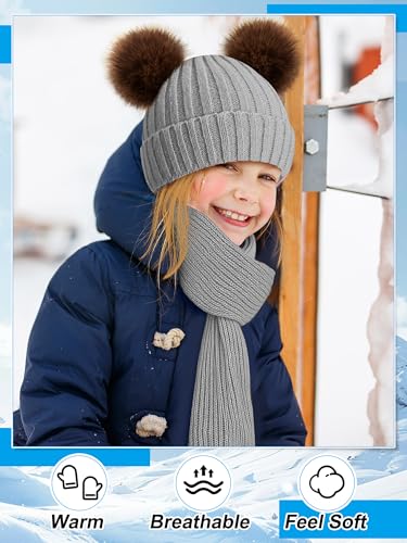 Image of JaGely 2 Sets Kids Winter Hat Gloves Scarf Set Girls and Boys Knit Hat with Pom Warm Scarf Snow Gloves for 3-10 Years Toddler