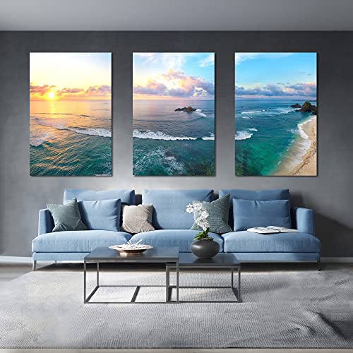 Looife Seascape Canvas Wall Art 24X32 Inch 3 Panels Colorful Beach With Sunset Ocean Picture Giclee Prints Gallery Wrapped Ready To Hang Artwork For Living Room Bedroom Decoration #TOP3