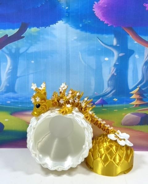 3D Printed Baby Dragon with Egg, 6" Articulated Gold Cherry Blossom Baby Dragon, Fidget ADHD Autism Toy BD004-GOLD-WGE