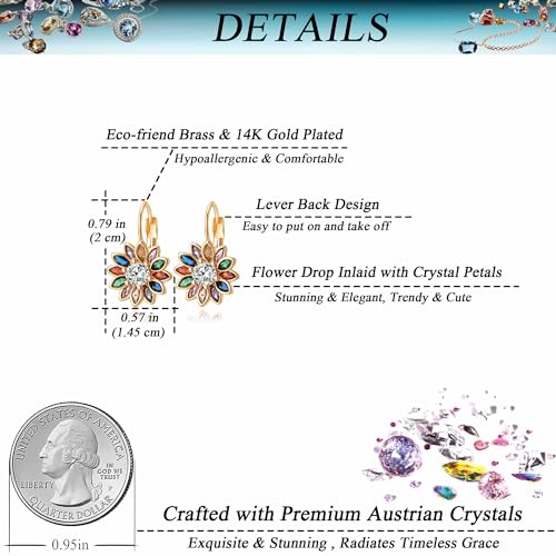 Austrian Crystal Flower Drop Leverback Earrings for Women Fashion 14K Gold Plated Hypoallergenic Jewelry4