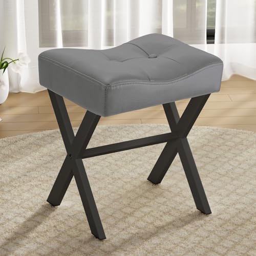 Image of Memobarco 18-Inch Leather Vanity Stool Chair, Vanity Bench with Metal X-Leg, Ottoman Accent Stool with Thick Padded Saddle Seat, Gray