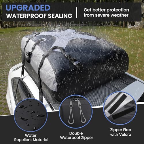 Sailnovo Auto Dachbox Faltbar 20 Kubikfuß Wasserdichter Dachtasche Auto, Passend für Autos Gepäckträger, mit Anti-Rutsch-Matte +Vorhängeschloss+ Verstärkte Gurte +6 Türhaken(Grau-Schwarz)