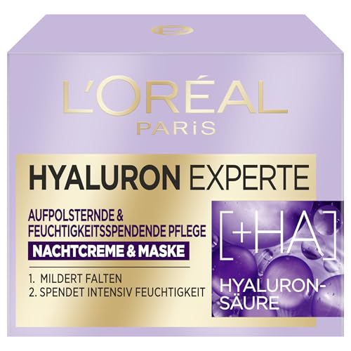 L'Oréal Paris Hyaluron Experte Crema de noche y máscara facial con dos tipos de ácido hialurónico para piel acolchada e hidratada, 50 ml