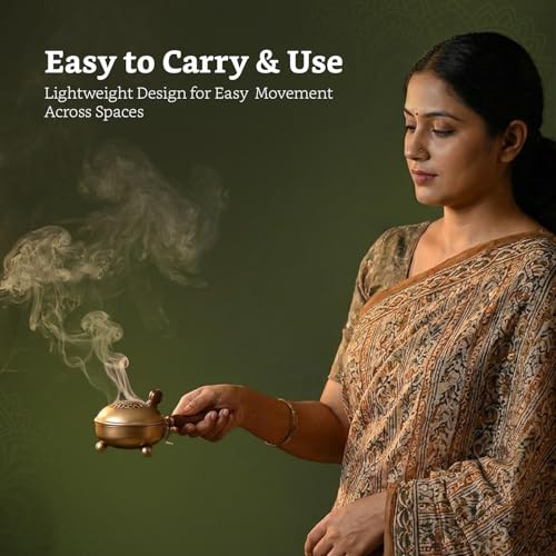 Image of Amazon Brand - Solimo Dhoop Dani with Handle (11.4 cm / 4.4 Inch) | Incense & Loban Burner Dhuni Stand | Durable Iron Body with Golden Finish | Round Design | Safe Grip Handle | Ideal for Home, Office & Temple Pooja