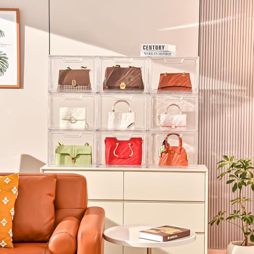 Image of Freebat Stackable Storage Organizers, Clear Acrylic Display Case, 9-Pack Acrylic Boxes with Lids, Clear Storage Containers Storage for Handbags, Collectibles & Figures