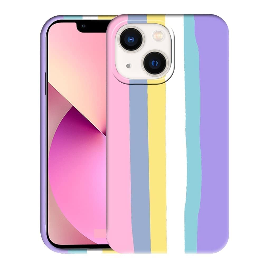 M7 Rainbow Color Liquid Silicone Gel Rubber case Compatible with iPhone 13 Ultra-Thin Soft Microfiber Lined Full Body Protective case Cover for- iPhone 13 (Pink Rainbow)