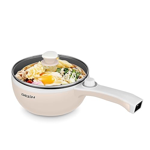 Dezin Hot Pot Electric Upgraded, Non-Stick Sauté Pan, Rapid Noodles Electric Pot, 1.5L Mini Portable Hot Pot for Steak, Egg, Fried Rice, Ramen, Oatmeal, Soup with Power Adjustment - 1.5L(Without Steamer) - Beige