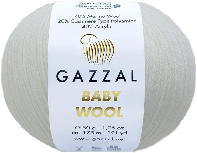 3 Pack (Skein) Gazzal Baby Wool Fine Baby Soft & Smooth Yarn, 40% Lana Merino, 20% Cashmere Type Polyamide, Each 1.76 Oz (50g) / 191 Yrds (175m) (3 Pack, White - 801)