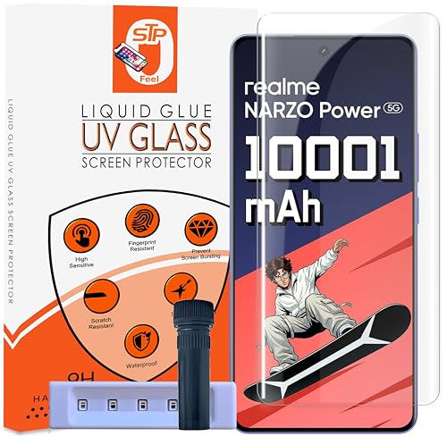 Image of STP FEEL HD+ UV Tempered Glass Screen Protector Guard Compatible For Realme Narzo Power 5G (6.8 Inch, Pack of 1) Full Adhesive UV Curved Case Friendly HD Clarity with easy installation kit