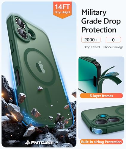 Image of FNTCASE for iPhone 17 Case: [Compatible with Magsafe] Translucent Matte Cases with [Full Camera Protection] [Screen Protector] Military Grade Shockproof Protective Phone Cover - Green