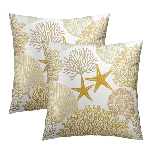Summer Ocean Themed Nautical Coastal Throw Pillow Covers 12X12 Inches Set of 2 Yellow Seashell Starfish Coral Pillowcase Soft Cotton Square Cushion Covers for Home Sofa Patio Bedroom Decoration