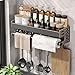 Dxcaicc Wall Mount Utensil Holder,Multifunctional Spice Organizer Shelf with Hooks,Kitchen Hanging Storage Wall Shelf for Spatula,Spoon,Knife,Seasoning Jar Organizer,40cm/15.7in