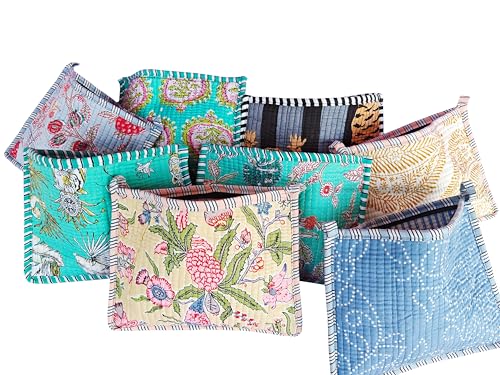 Rastogi Handicrafts Floral Print Quilted Cosmetic Pouches 8X6 Inches Unique Mix Assorted Cotton Multicolor Design 2Pcs Make Up Organizer Currency Bag Storage Bags with Zipper Closure