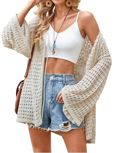 Angashion Women's Crochet Cardigan Sweaters Lightweight Knitted Long Batwing Sleeve Hollow Out Tie Front Boho Beach Cover Up