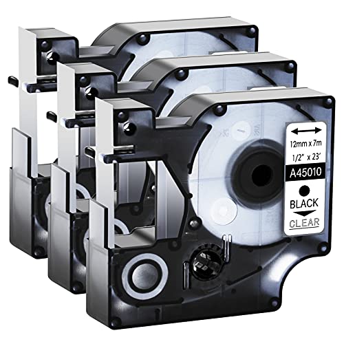 GREENCYCLE Label Maker Tape 45010 S0720500 Compatible for DYMO D1 1/2" (12mm) x 23ft (7m) for LabelManager 210D 220P 260P 160 280 420P 350 360D 450 COLORPOP LMPnP LP250 (Black on Clear, 3 Pack)