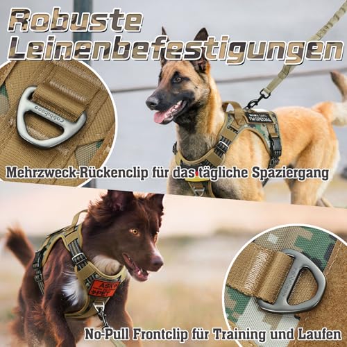 rabbitgoo Hundegeschirr Mittelgroße Hunde, Anti Zug Geschirr Hund Verstellbar mit Griffe Verbreitert, Robust Taktisches Hundegeschirr mit Metallschnallen zum Wandern(M, Camouflage Braun)