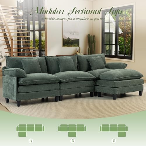 Image of 106 inch Cloud Couch, Comfy Modular Sectional Sofa with Movable Ottoman, L Shaped Modern Sofa with Pillows, Deep Seat Couches for Living Room, Bedroom and Apartment, Green