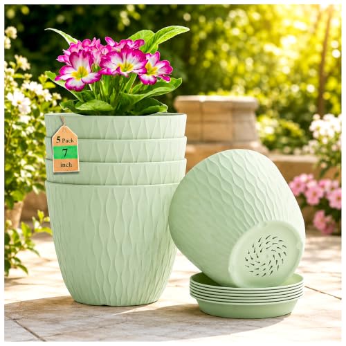 Image of SWAPKART (Pack of 5 6 Inch Plastic Flower Pots for Indoor & Outdoor Terrace,Garden Plants Decorative Planters with Drainage Holes & Matching Saucers Durable & Lightweight (Green)