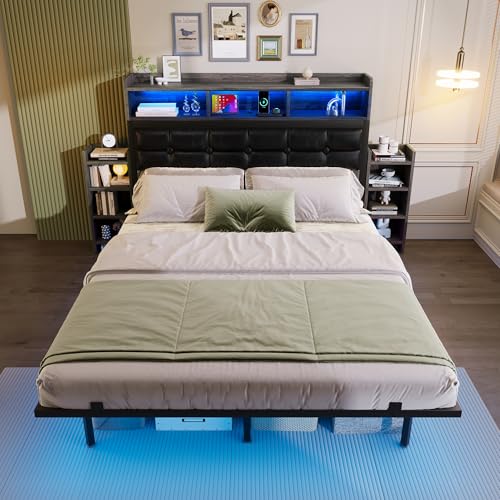 Sapgaks Lit 140 x 190 avec Sommier LED et USB C, Lit Double 140x190 avec 2 Tables de Chevet Gigognes et Tete, Rembourré avec à Lattes 2 Personnes, Capitonné...