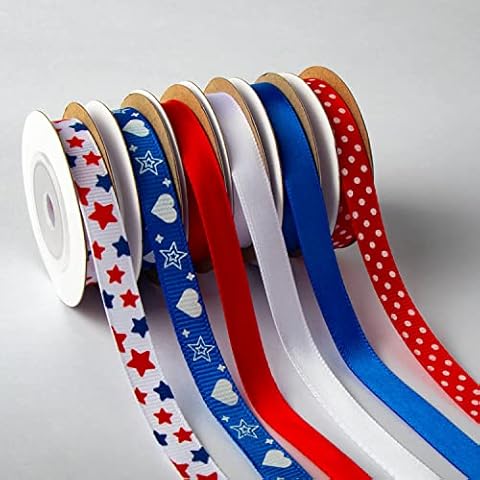 6 Rolls Patriotic Ribbon 4th of July Ribbon Red White Blue Grosgrain Ribbon for Gift Wrapping DIY Crafts, 3/8" Wide Cover