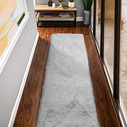Grey Fluffy Faux Rabbit Washable Furry Fur Area Rugs for Bedroom Large Fuzzy Rug for Living Room Nursery Runner Rugs for Hallway 2x8 Rectangle Rug