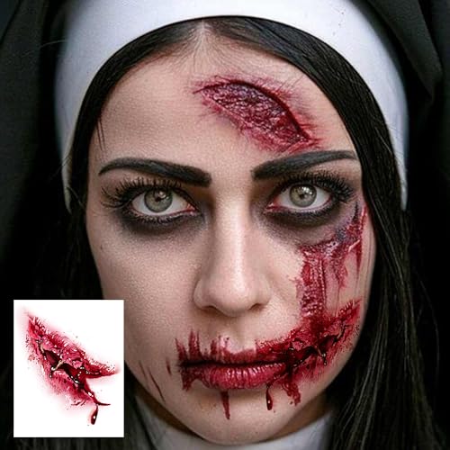 Image of 17 Sheets Scary Bloody Scar Tattoos Halloween Temporary Tattoos Face Stitch Wound Sticker, Realistic 3D Horrible Bite Scratch Fake Tattoos For Halloween Costume Vampire Zombie Makeup Party Accessories