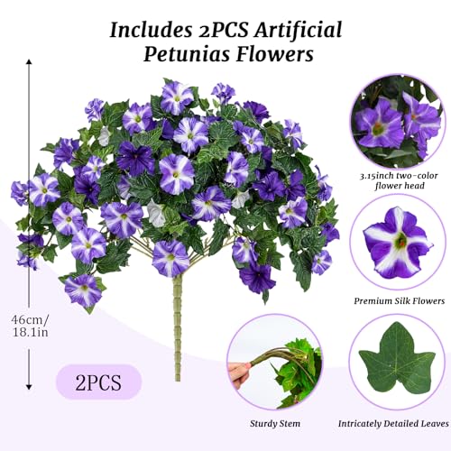 IDEVER Artificial Flowers for Outdoors Faux Petunias No Fade Realistic Artificial Flowers for Garden Porch Balcony Patio Home Decor(2PCS White-Purple) — view 2