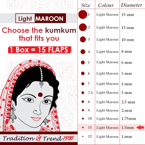 Image of PERPAA Premium Velvet Sticker Kumkum Bindi Box of 15 Flaps - Pottu for Women,Ladies, Girls (Size 11, Diameter 1.5mm, Light Maroon)