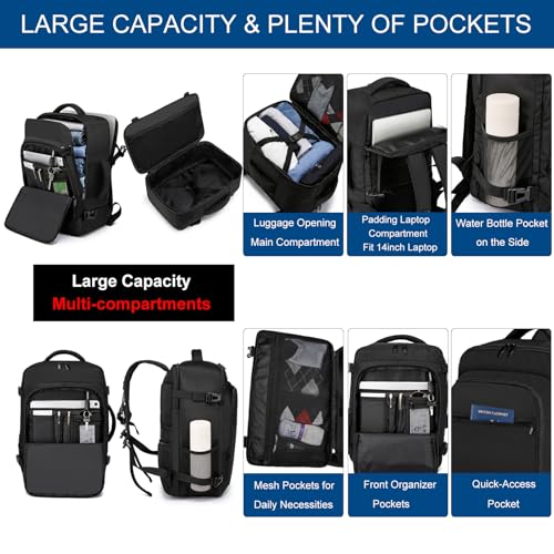 Handgepäck 40x20x25 für Ryanair Handgepäck Rucksack für Flugzeug 20L Klein Reiserucksack Unter Sitz Handgepäck Tasche für Weekender Kurze Tirp 14-Zoll-Laptop Rucksack für Herren und Damen,Schwarz