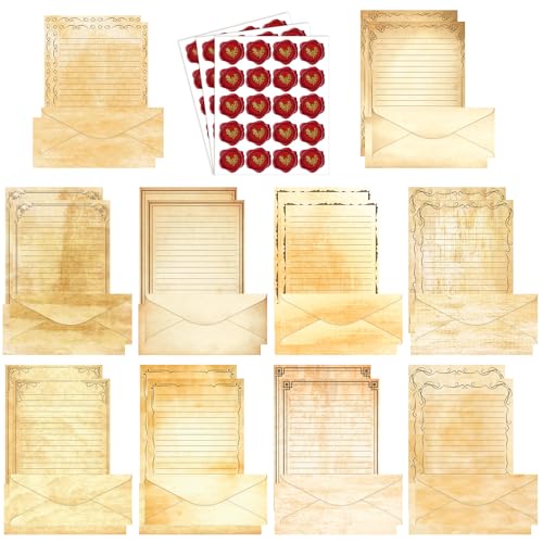 Image of TaoBary 160 Pcs Stationery Paper Set 50 Double Sided Stationery Papers with 50 Matching Envelopes and 60 Round Dot Sticker, 10 Design(Light Vintage,8.5 x 11 Inch)