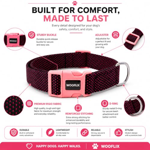 Image of Wooflix Premium Adjustable Dog Collar for Small, Medium & Large Breed Dogs | Heavy Duty Nylon Dog Neck Belt with Strong Buckle & D-Ring for Walking, Training & Daily Use (Pink, Extra Large)