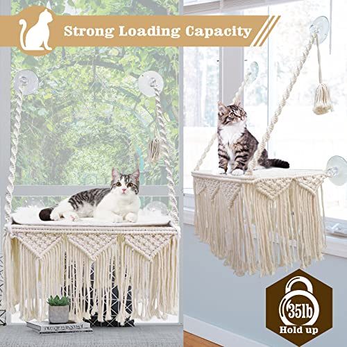Cat Window Perch Macrame Cat Hammock Boho Wall Mounted Pet Resting Seat Bed For Sunbathing, Napping & Overlooking With 4 Seat Suction Cups & Fleece Blanket & Knitted Ball Toy - Weighted Up To 35Lbs. #TOP4