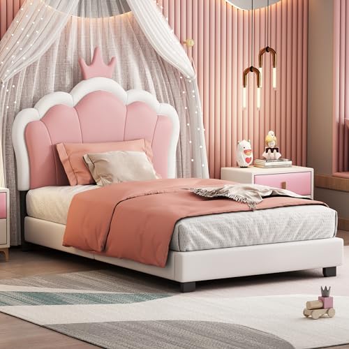 Ctastay Kinderbett Polsterbett 90x200 cm, Bett Einzelbett Polsterbett mit Kopfteil, Mädchenbett Familienbett mit Lattenrost, Weiß (Ohne Matratze)